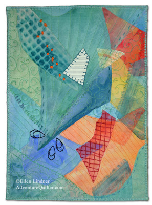 Making New Friends, a fabric collage by Ellen Lindner. AdventureQuilter.com
