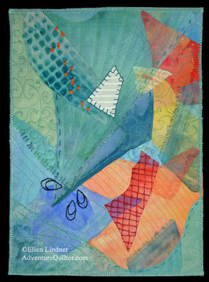 Making New Friends, a fabric collage with high spirits and an abundance of hand stitching.  By Ellen Lindner, AdventureQuilter.com