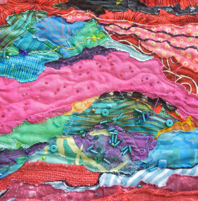 Red Strata, detail - an art quilt by Ellen Lindner, AdventureQuilter.com #fabric wall hanging