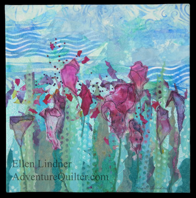 Garden of Restfullness, a glued fabric collage by Ellen Lindner, AdventureQuilter.com
