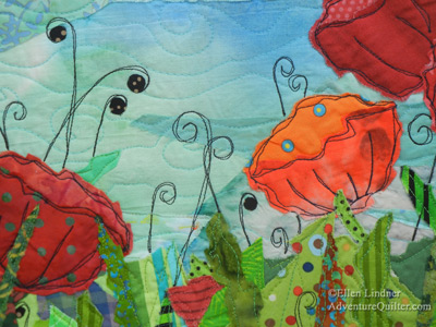 Garden Party - detail, an art quilt by Ellen Lindner, AdventureQuilter.com
