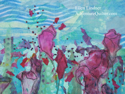 Garden of Restfullness - detail, a glued fabric collage by Ellen Lindner, AdventureQuilter.com