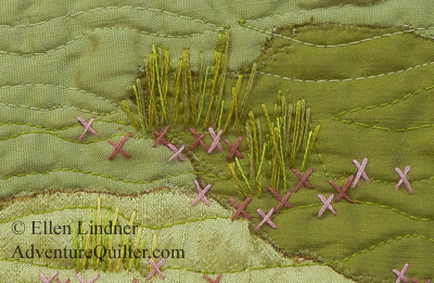 Image - green fields with hand embroidered grass and flowers