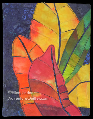 Croton Leaves 3, an art quilt by Ellen Lindner, AdventureQuilter.com