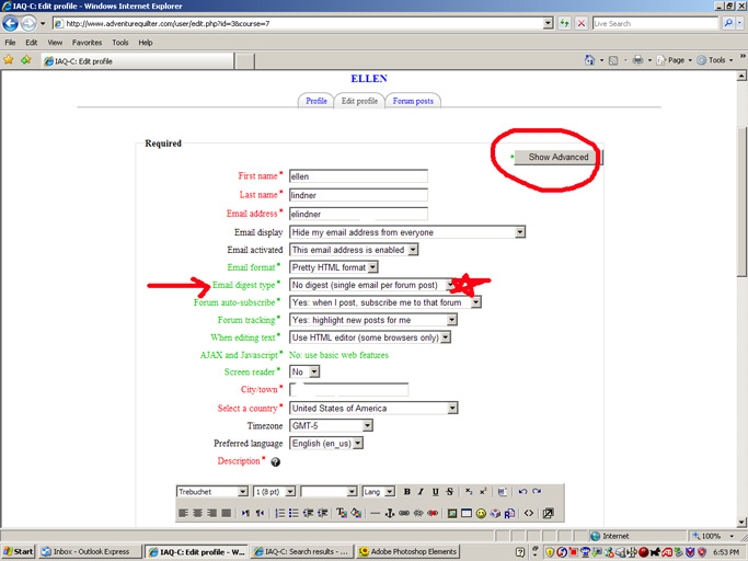 Screenshot showing how to edit advanced options.