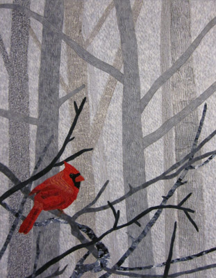 Midwinter Visitor, an art quilt by Chris Staver.  Made in a class with Ellen Lindner.  AdventureQuilter.com
