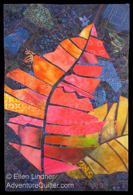 When Crotons Cut Loose, and art quilt by Ellen Lindner, AdventureQuilter.com